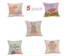 FOBU Oster-Kissenbezug, 5 Stück, Happy Ostern Hase Kaninchen Ei Kissenbezüge Baumwolle Leinen Überwurf Kissenbezug für Frühling Home Decor Sofa Couch 45,7 x 45,7 cm, 5er-Set