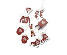 HEITMANN DECO Christbaumschmuck aus Holz - Verschiedene Motive zum Aufhängen - Weihnachtsbaumschmuck Weihnachtsdeko - 6-teilig Bordeaux, Weiß