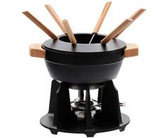 Le Creuset Gusseisen Fondue-Set, Inkl. 2 Holzgriffen, Spritzschutz, Rechaud und 6 Fonduegabeln, 2,3 L Volumen, Schwarz