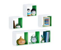 Relaxdays Cube Regal, 4er Set, Schwebend, Quadratisch, Modernes Design, Hoch- & Querformat, Kinderzimmer, MDF, Weiß/Grün