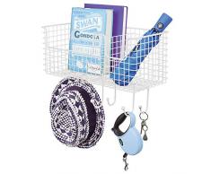 mDesign Aufbewahrungskorb mit 6 Haken für Eingangsbereich, Flur, Schlamm, Schlafzimmer, Badezimmer, Waschküche weiß