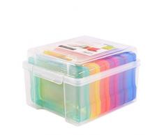 Vaessen Creative 1009-030 Aufbewahrungsbox mit Deckel und 6 Kleinen Bunten Dosen, Kunststoff Sortierbox zum Verstauen von Bastelzubehör, Fotos und Weiteren Utensilien, 21 x 18,5 x 14 cm, transparent