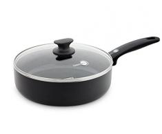 GreenPan Servier-Bratpfanne Schmorpfanne mit Glas-Deckel Induktion-s-Pfanne Keramik-Beschichtung Anti-Haftbeschichtung, Aluminium, schwarz, 24 cm
