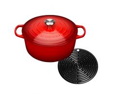 Le Creuset Gusseisen Bräter Signature rund 28 cm, kirschrot & Le Creuset Silikon-Accessoires Topflappen rund schwarz