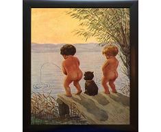 Wandbild, Motiv Jungen am See, Entfernung, Rekord, WC, Badezimmer, Bild auf Leinwand, Wandkunst, Dekor, fertig zum Aufhängen. 12.5 x 15.5 w/ Black Frame