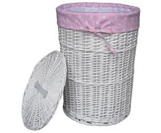 dvier VWWK-22WRd-c Wäschekorb Korb Weide weiß rosa Deckel Bezug, D.46cm, H. 62cm