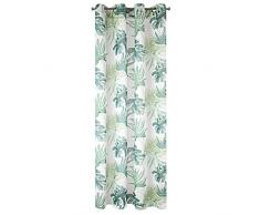 Design91 Blumenmuster Blätter 8 Ösen Weich Transparent Vorhänge Gardinen Schlafzimmer Wohnzimmer Lounge Edel, Weiß + Grün, 140X250cm