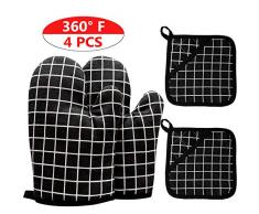 LetHomer 2 Ofenhandschuhe und 2 Topflappen, weiches Baumwollfutter mit Rutschfester Oberfläche, hitzebeständige Küchenhandschuhe für die Mikrowelle Backen Kochen Grillen BBQ schwarz