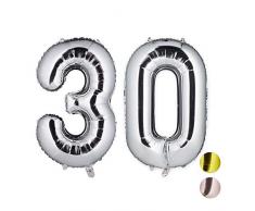 Relaxdays Folienballon Zahl 30, Party Dekoration für 30. Geburtstag, Jubiläum, 85-100 cm, XXL Riesenluftballon, Silber