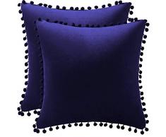 Dezene Kissenbezüge aus Samt mit Pompons, 2 Stück 24x24, 2 PCS navy