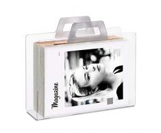 Relaxdays Zeitungsständer, 2 Griffe, Transparente Optik, für Zeitungen & Zeitschriften, Acryl, HxBxT 29x33x10 cm, silber