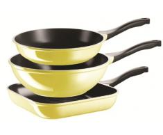 Domestic TOP Selection by Mäser, Serie Telesto I, Pfannenset 3-teilig, bestehend aus Brat-, Grill- und Wokpfanne, antihaftbeschichtet, mit schwarzer ILAG-CERAMIC-Beschichtung, in der Farbe Hellgelb