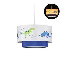Relaxdays Dino Hängelampe, runder Lampenschirm mit Dinosaurier-Motiv, für Kinder- & Babyzimmer, HxD 126x30 cm, weiß-blau