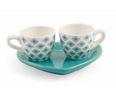 Galileo Casa Marokko Set 2 Tassen mit Tablett Herz, Keramik, Weiß/Hellblau, 14.5 x 16.3 x 7 cm