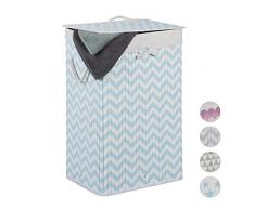 Relaxdays Wäschekorb Bambus, 80 l, rechteckig, Deckel, faltbar, Zickzack-Motiv, Wäschesammler, 65x44x33,5cm, weiß-blau
