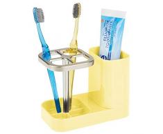 mDesign Zahnbürstenhalter – ideale Halterung für Zahnbürsten mit Fach für Zahnpasta – moderner Zahnputzbecher aus Kunststoff für bis zu 4 Zahnbürsten – hellgelb und mattsilberfarben