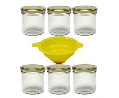 Viva Haushaltswaren 6 Einmachgläser 165ml, Sturzgläser, Marmeladengläser mit Schraubverschluss in Farbe Gold, inkl. einem Einfülltrichter Einmachgas, Glas, transparent, 6.3 x 6.3 x 7.3 cm, 6-Einheiten