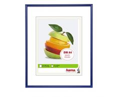 Hama Sevilla Bilderrahmen, DIN A4 (21 x 29,7 cm) mit Papier-Passepartout 15 x 20 cm, hochwertiges Glas, Kunststoff Rahmen, zum Aufhängen, blau