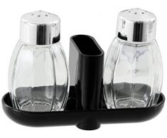 Fackelmann Menage JADE, Gewürzständer mit Salz- und Pfefferstreuer und Zahnstocherhalterung (Farbe: Silber/Transparent/Schwarz), Menge: 1 Stück