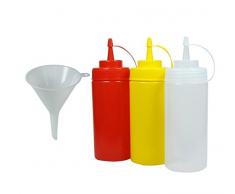 Viva Haushaltswaren - 3 x Quetschflasche 0,45 L Set, Gastro Dosierflaschen leer für Ketchup / Mayonnaise / Senf, BPA frei, BBQ & Küchen Squeeze Flasche aus Kunststoff, rot / gelb / weiß, inkl Trichter
