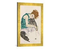 Gerahmtes Bild von Egon Schiele Sitzende Frau, 1917, Kunstdruck im hochwertigen handgefertigten Bilder-Rahmen, 40x60 cm, Gold Raya