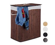 Relaxdays Wäschekorb Bambus mit Deckel, rechteckiger Wäschesammler, 2 Fächer, 95 l Volumen, faltbare Wäschebox, braun