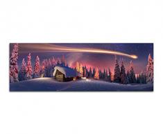 Panoramabild auf Leinwand und Keilrahmen 150x50cm Wald Haus Schnee Sternschnuppe Fantasie
