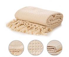 All Cotton and Linen Tagesdecke, Baumwolle und Leinen, Waffelmuster, 50 x 60 cm, Leinen Baumwolle, Natural & Teal -Diamond, (50X60)