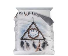 Design91 Tagesdecke Traumfänger mit Federn Muster Steppdecke Bettüberwurf Angle Größe: 200 cm x 220 cm und 170 x 210 cm Modernes Schlafzimmer Design weiß blau braun, Polyester, 200 x 220 cm