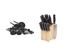 AmazonBasics - 15-teiliges Kochgeschirr mit Antihaftbeschichtung & Premium Messerblock, 18-teiliges Set