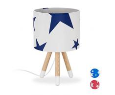 Relaxdays Tischlampe Stars, Kinderzimmerlampe, E14, Dreibein Lampe, Stoff Lampenschirm, Holz, HxD 39,5 x 25cm, weiß/blau, 39.5 x 25 cm