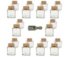 Viva Haushaltswaren - 20 x kleines Gewürzglas eckig 100 ml, Glasdose mit Korkverschluss als Gewürzdose & Vorratsdose für Gewürze, Salz etc. verwendbar (inkl. kleiner Holzschaufel 7,5 cm)