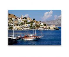 Calvendo Premium Textil-Leinwand 120 cm x 80 cm quer, Hafeneinfahrt von Symi | Wandbild, Bild auf Keilrahmen, Fertigbild auf echter Leinwand, Leinwanddruck Orte Orte