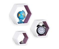 Relaxdays Wandregale sechseckig, Hängeregale 3er Set, schwebende Dekoregale, Holzregale schmal, stabil, MDF, weiß/lila