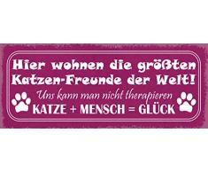 Schatzmix Spruch Hier wohnen die größten Freunde der Welt Uns kann Man Nicht therapieren Katze+Mensche=Glück Metallschild 27x10 Deko tin Sign Blechschild, Blech, Mehrfarbig, 27x10 cm