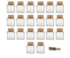 Viva Haushaltswaren - 20 x Gewürzglas eckig 200 ml, Glasdose mit Korkverschluss als Gewürzdose & Vorratsdose für Gewürze, Salz etc. verwendbar (inkl. kleiner Holzschaufel 7,5 cm)