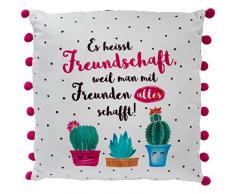 Die Geschenkewelt 46167 kleines Plüschkissen mit Motiv-Druck Es heisst Freundschaft, Kaktus-Design, mit rosa Pompoms, 25 cm x 25 cm Kissen, Bunt,