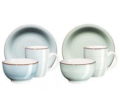 Mäser, Serie Bel Tempo, handbemaltes Keramik Frühstücksset 12-teilig, für 4 Personen, in den Farben Hellgrün und Hellblau