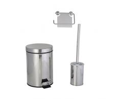 axentia Badezimmerset 3-teilig, bestehend aus WC-Garnitur, Kosmetikeimer, Mülleimer, Papierrollenhalter, inklusive Befestigungsmaterial, Edelstahl, silber