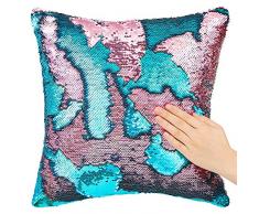 DrCosy Wende Pailletten Kissenbezug 40x40 cm Meerjungfrau Zierkissenbezüge reversible Dekokissen Fall aus Polyester und PVC (Knickentenblau/Hellrosa)