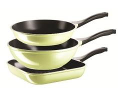 Domestic TOP Selection by Mäser, Serie Telesto I, Pfannenset 3-teilig, bestehend aus Brat-, Grill- und Wokpfanne, antihaftbeschichtet, mit schwarzer ILAG-CERAMIC-Beschichtung, in der Farbe Hellgrün