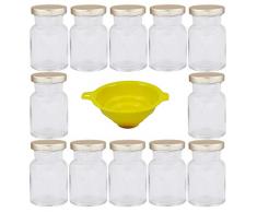 Viva Haushaltswaren #31322# 12 x Gewürzgläser / Einmachgläser 150 ml mit silberfarbenem Verschluss, runde Twist off Gläser als Marmeladengläser, Glasdosen & Vorratsdosen verwendbar (inkl. Einfülltrichter),6.1 x 6.1 x 9.6 cm