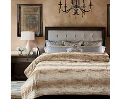 Chanasya, elegante flauschige Überwurfdecke aus Kunstfell, fallendes Blattmuster mit Plüsch, Sherpa-graue Mikrofaser-Decke für Bett, Couch und Wohnzimmer, Polyester, braun, Queen / Full