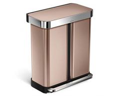 simplehuman, 58 Liter, Rechteckiger Doppelfach Treteimer mit Beutelfach, Edelstahl roségold, 10 Jahre Garantie