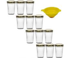 Viva Haushaltswaren - 12 x kleines Becherglas / Marmeladenglas 150 ml mit goldfarbenem Deckel, Vorratsdosen Set als Einmachgläser, Gewürzgläser, für Kuchen im Glas etc. verwendbar (inkl. Trichter)