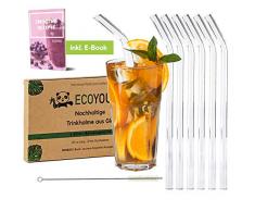 EcoYou® Glas Strohhalme Gebogen 6er Set + Reinigungsbürste aus Sisal & Smoothie Rezepte Wiederverwendbare Trinkhalme 23,00 cm Plastikfreie Straws