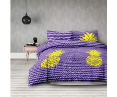 AmeliaHome 4tlg 2 x Bettwäsche 135x200 cm mit 2 Kopfkissenbezügen 80x80 cm Wellen Microfaser Reißverschluss Basic Collection Pineapple violett gelb