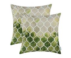 CaliTime Kissenbezüge Kissenhülle 2er Pack 50cm x 50cm Hauptgrau Grün Olive Handbemaltes buntes geometrisches Gitter Kettendruck Kissenbezüge