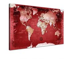 LANA KK - Weltkarte Leinwandbild mit KorkrÃ¼ckwand zum pinnen der Reiseziele â âWeltkarte Redâ - deutsch - Kunstdruck-Pinnwand Globus in rot, einteilig & fertig gerahmt in 120x80cm