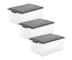 Rotho Compact 3er-Set Aufbewahrungsboxen mit Deckel 38 l, Kunststoff (PP), Transparent/Anthrazit, 3 x 38 l, 3